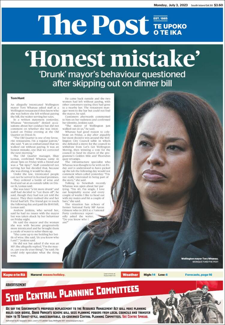 Portada de The Dominion Post (Nueva Zelanda)