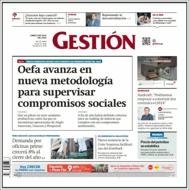 Portada de Diario Gestión (Per&uacute;)