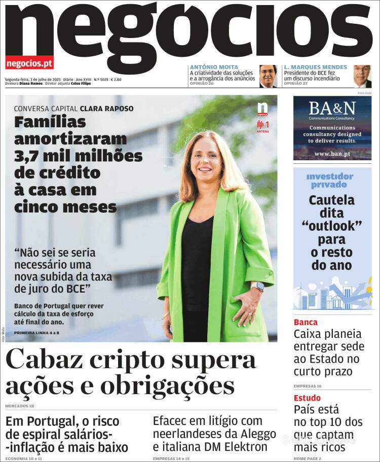 Portada de Jornal de Negócios (Portugal)