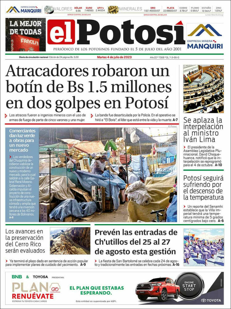 Portada de Diario de Potosí (Bolivia)