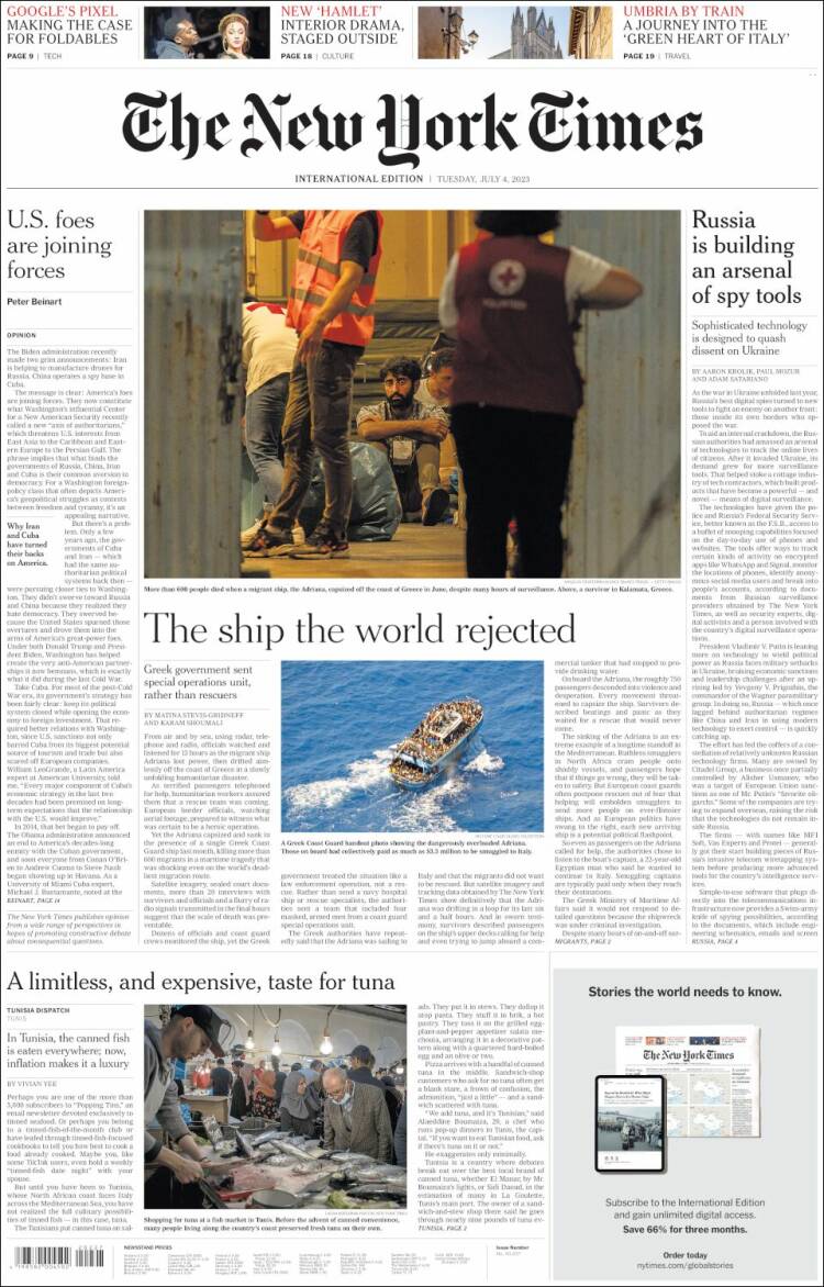 Portada de International New York Times (Europa)