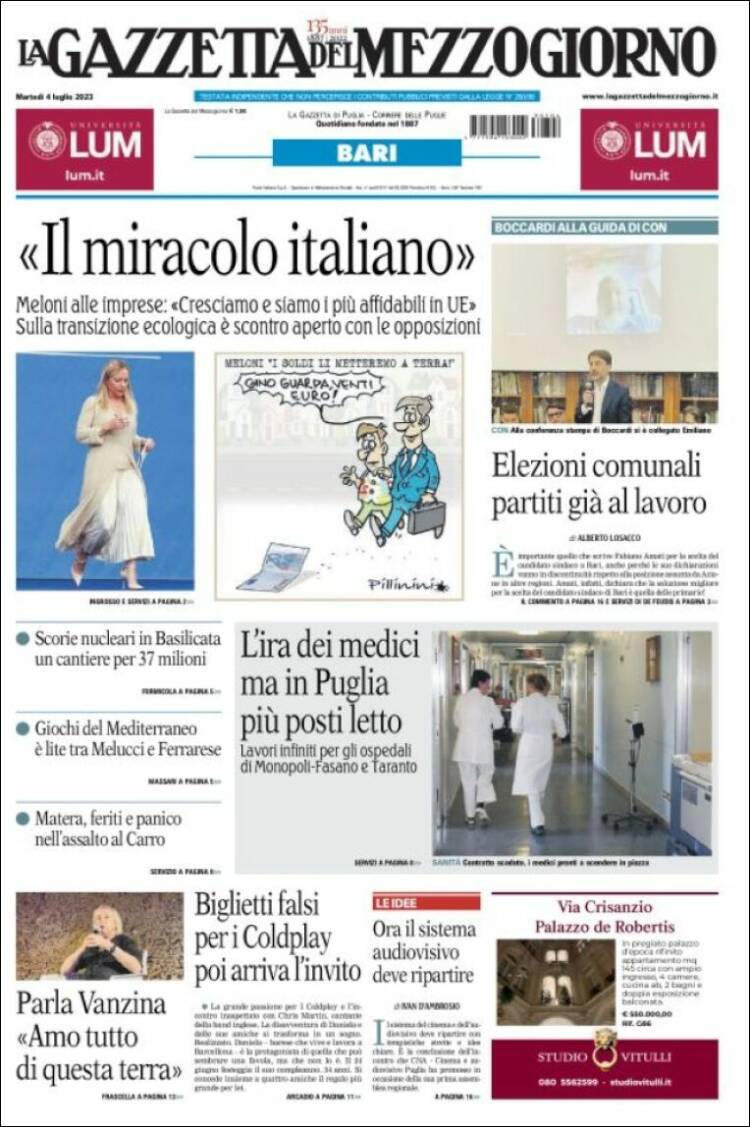 Portada de La Gazzetta del Mezzogiorno (Italia)