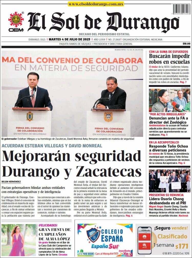 Portada de El Sol de Durango (México)