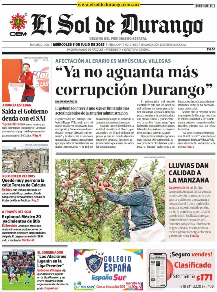 Portada de El Sol de Durango (México)