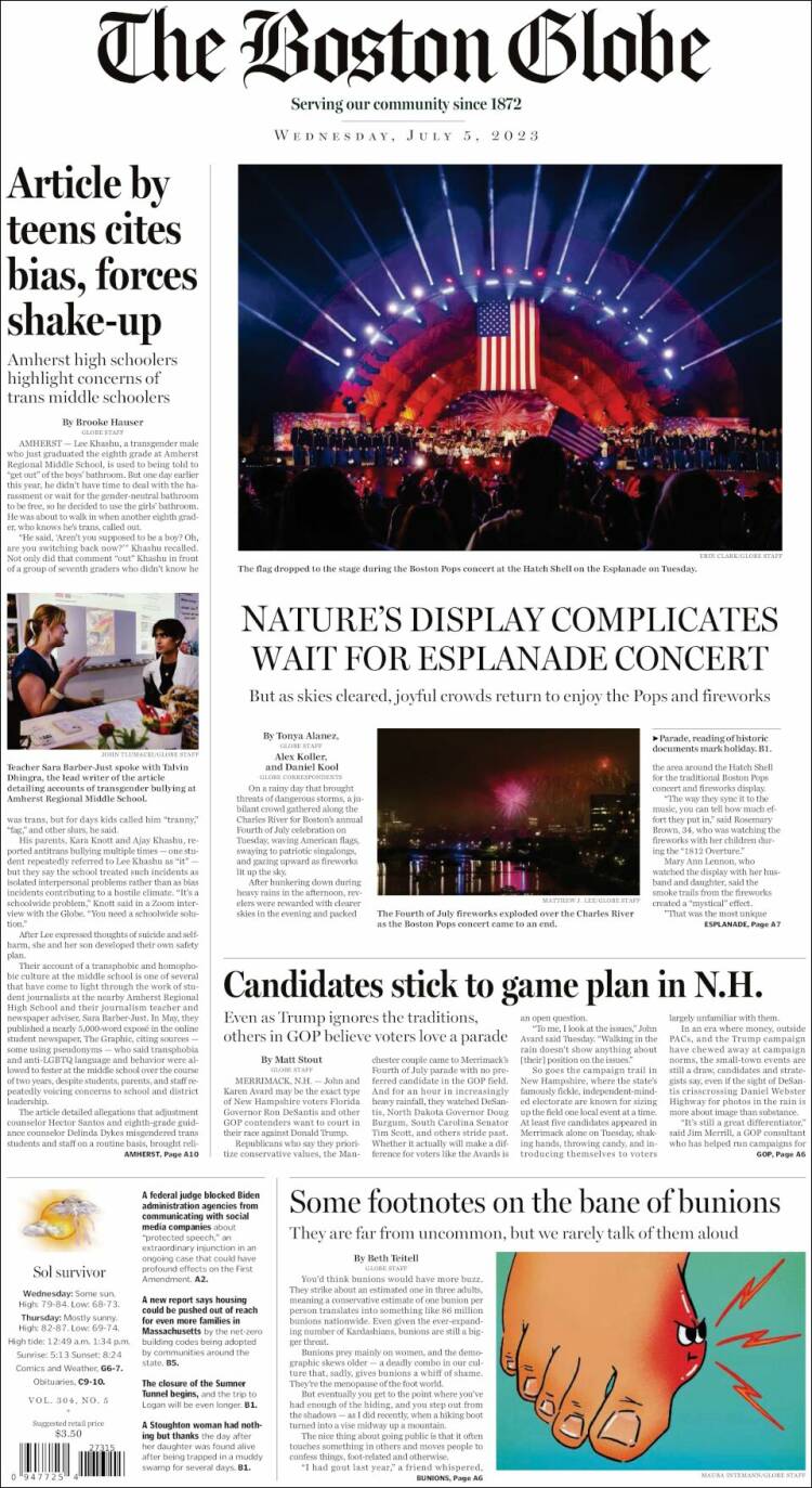 Portada de Boston Globe (USA)