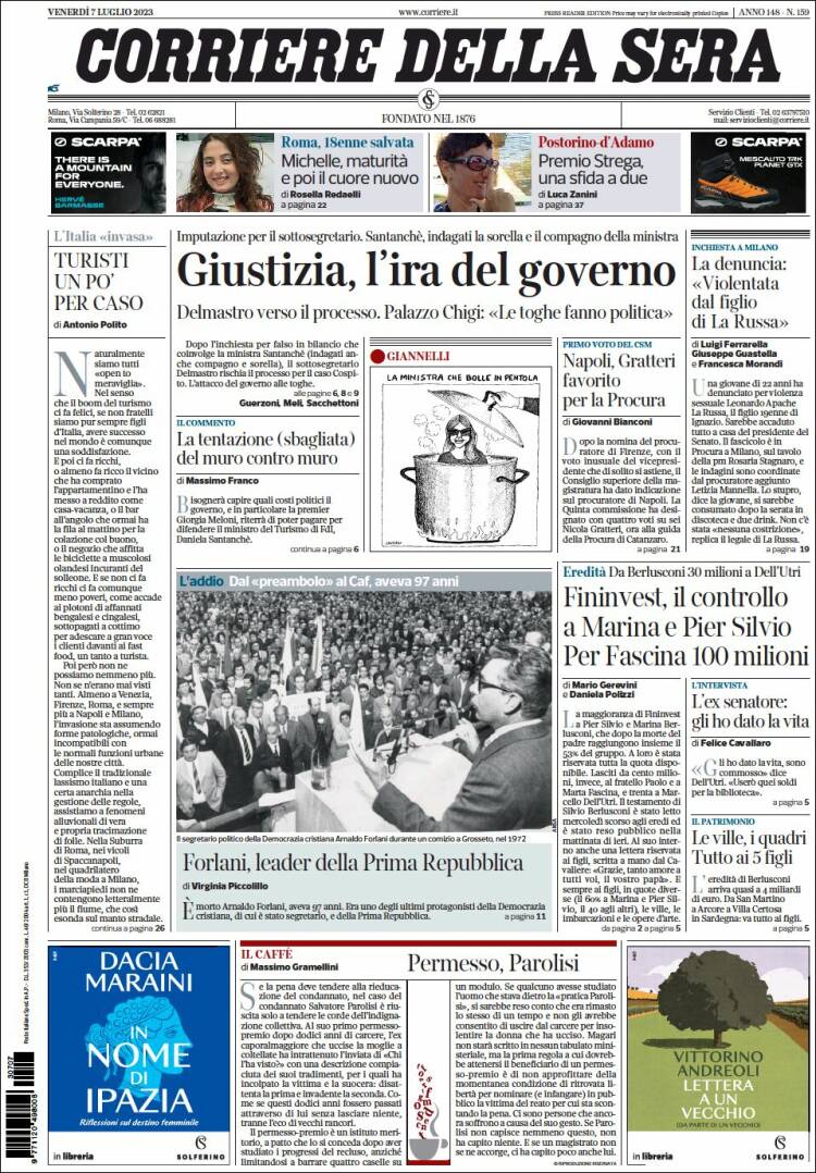 Portada de Corriere della Sera (Italia)