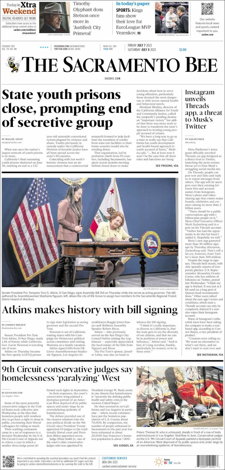 Portada de The Sacramento Bee (USA)