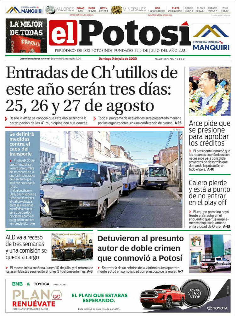 Portada de Diario de Potosí (Bolivia)