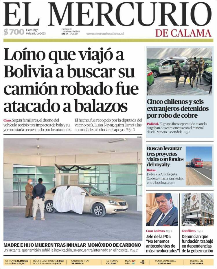 Portada de El Mercurio - Calama (Chile)