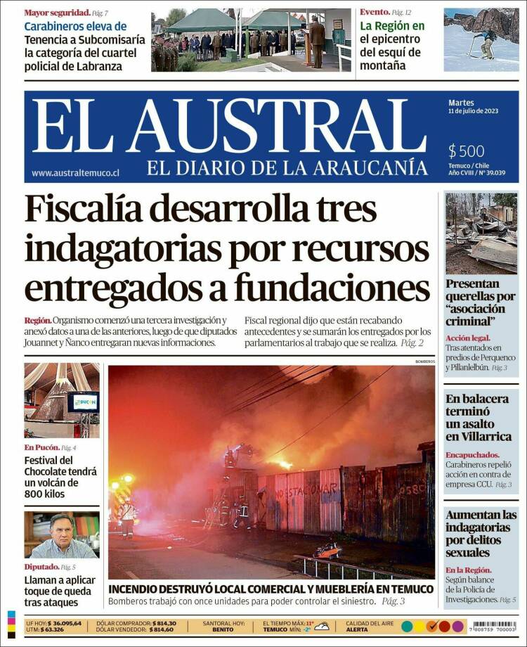 Portada de El Austral de Temuco (Chile)