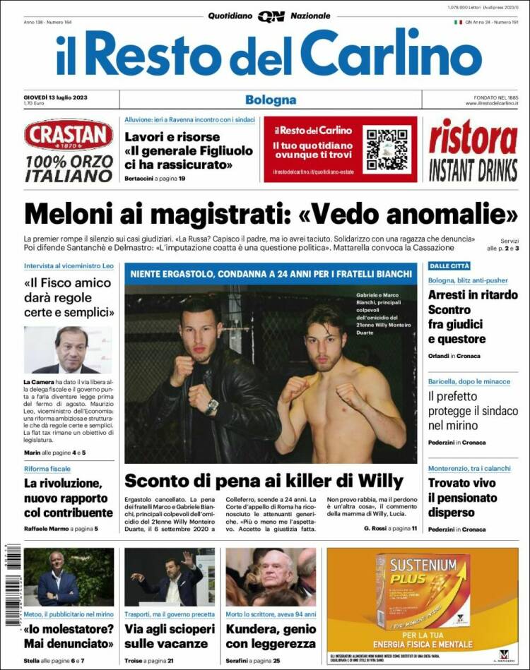 Portada de Il Resto del Carlino (Italia)