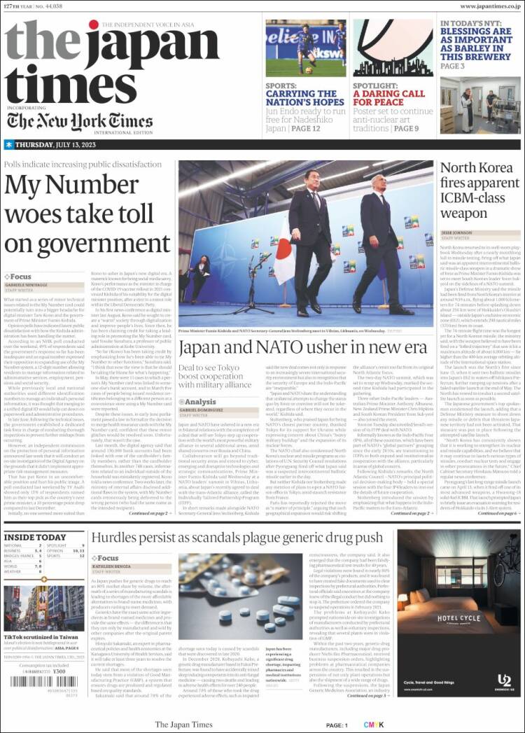 Portada de The Japan Times (Japón)