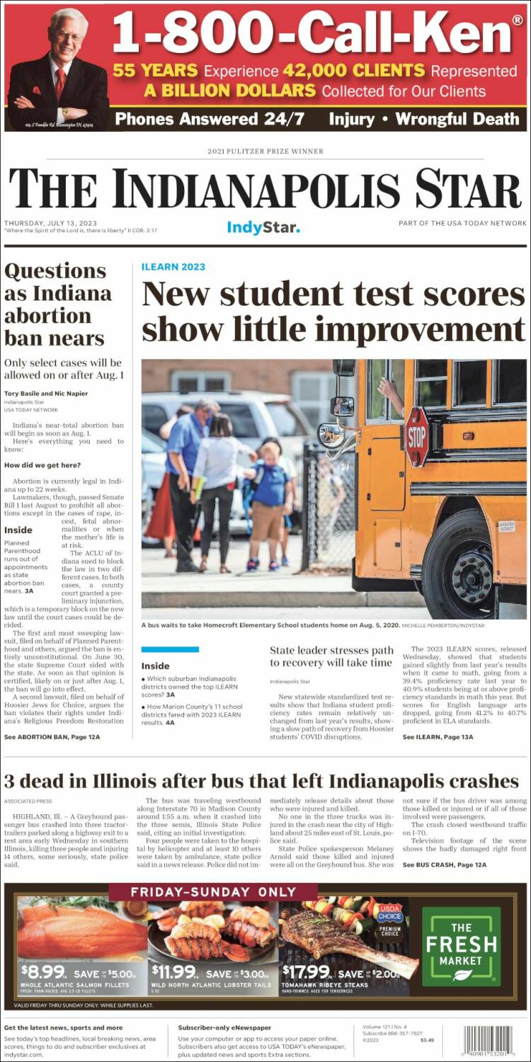 Portada de The Indianapolis Star (USA)