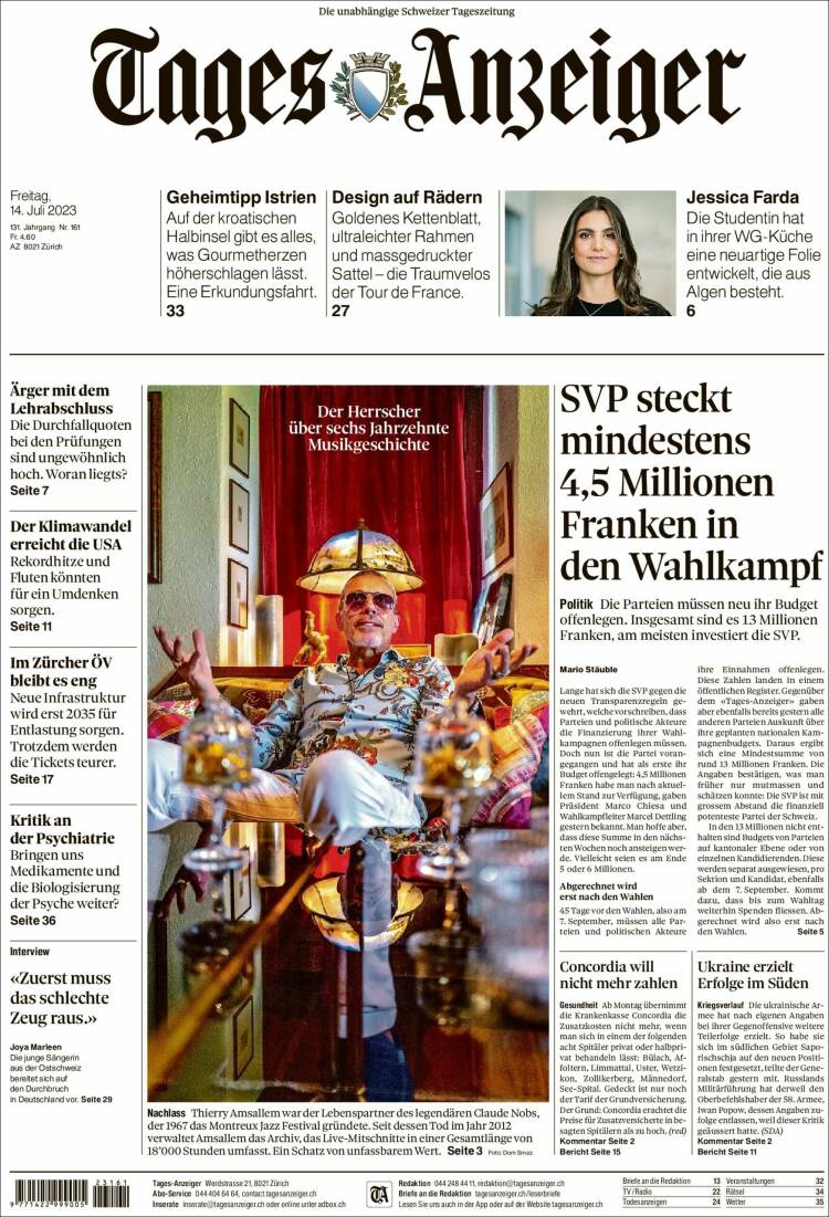 Portada de Tages-Anzeiger (Suiza)