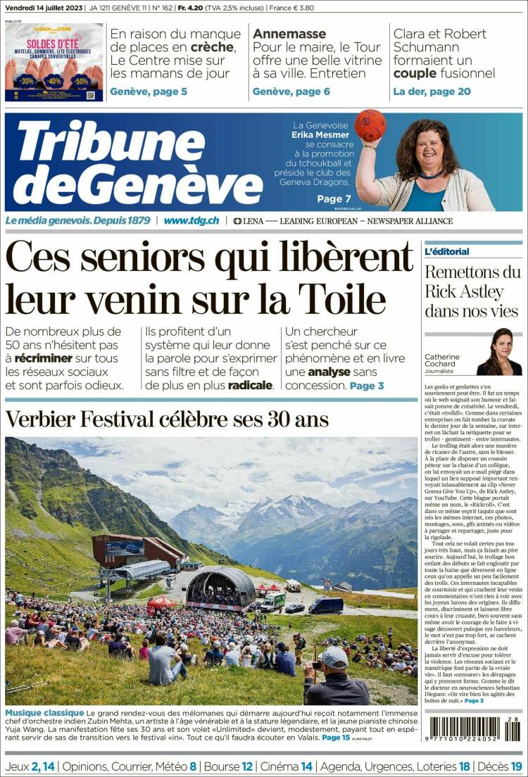 Portada de La Tribune de Genève (Suiza)