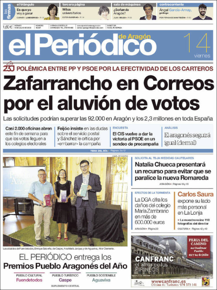 Portada de El Periódico de Aragón (España)