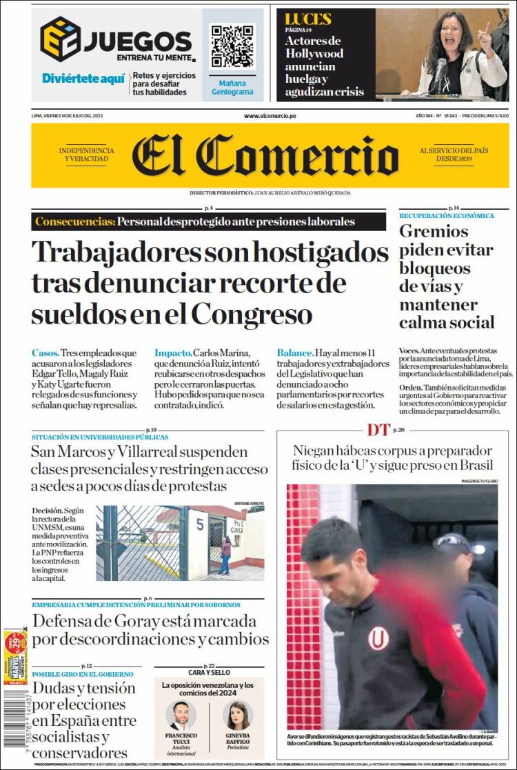 Portada de El Comercio (Per&uacute;)