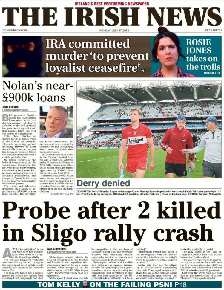 Portada de Irish News (Reino Unido)