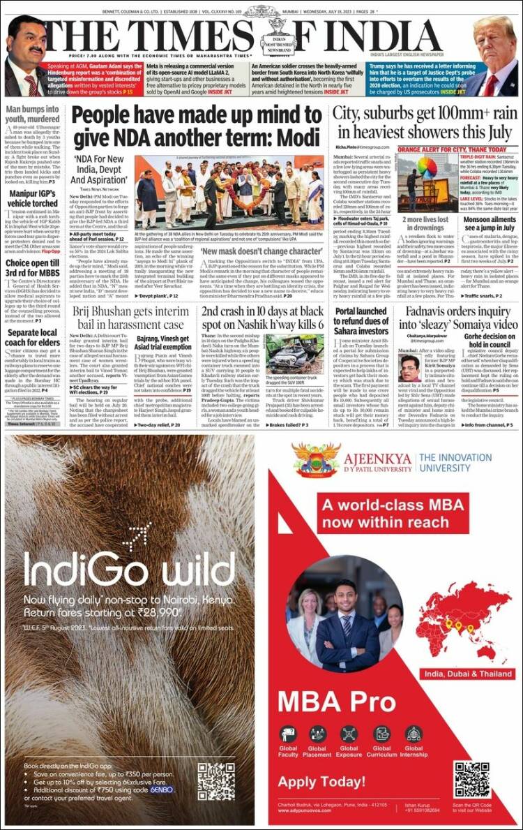 Portada de The Times of India (India)