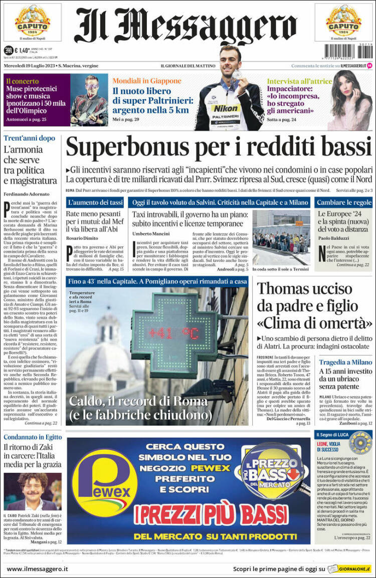 Portada de Il Messaggero (Italia)