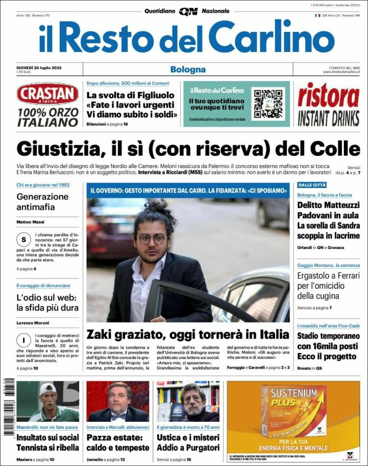 Portada de Il Resto del Carlino (Italia)