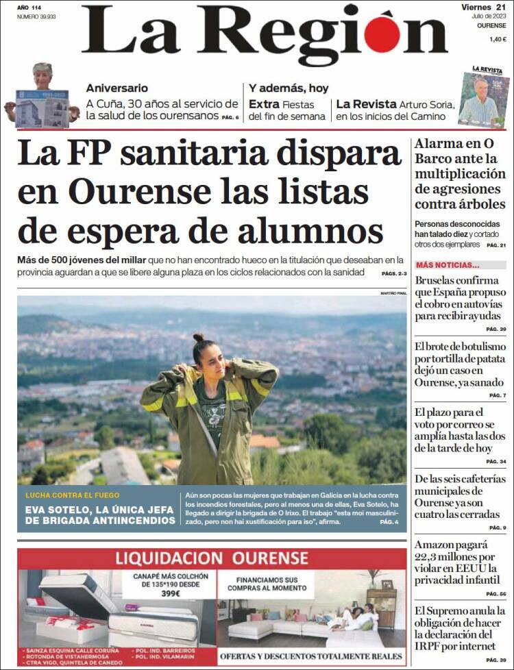 Portada de La Región de Ourense (España)