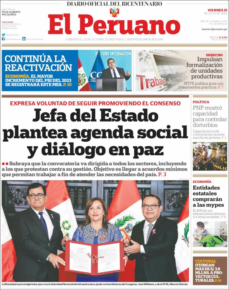 Portada de El Peruano (Perú)