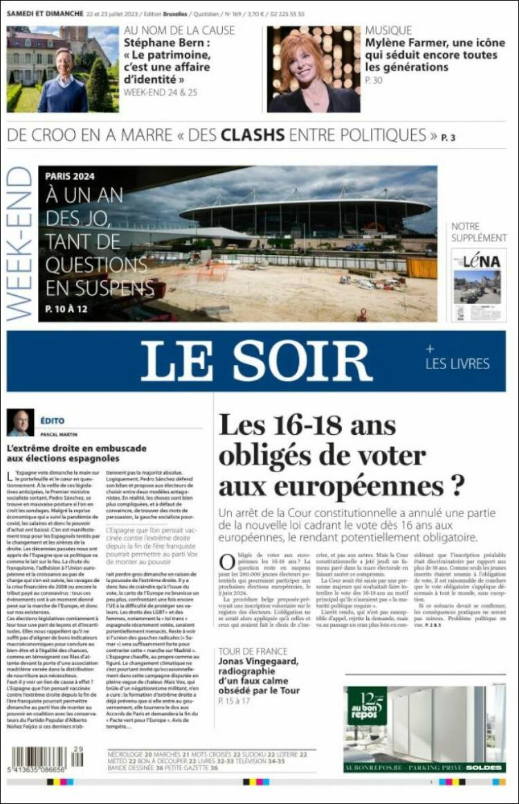 Portada de Le Soir (Bélgica)