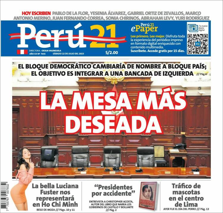 Portada de Perú 21 (Perú)