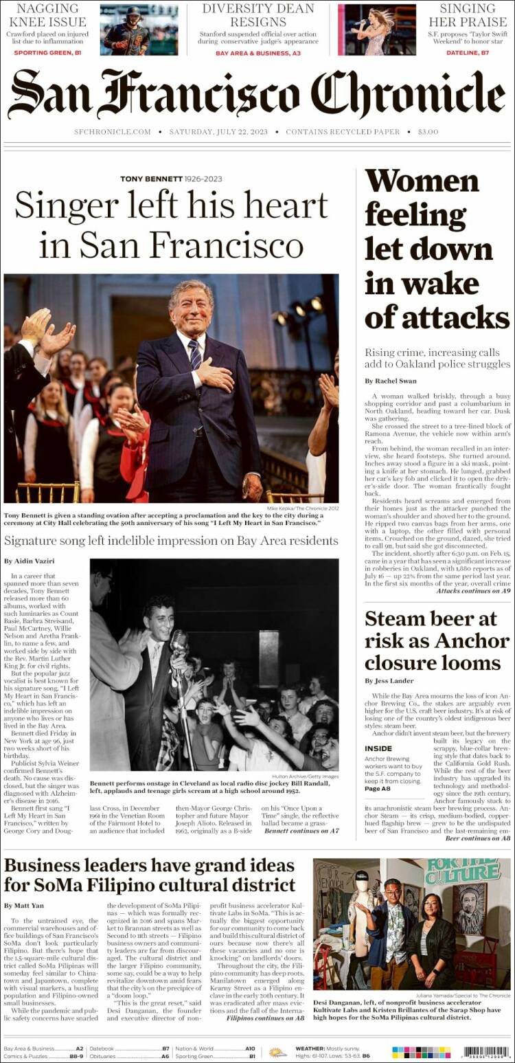 Portada de San Francisco Chronicle (USA)