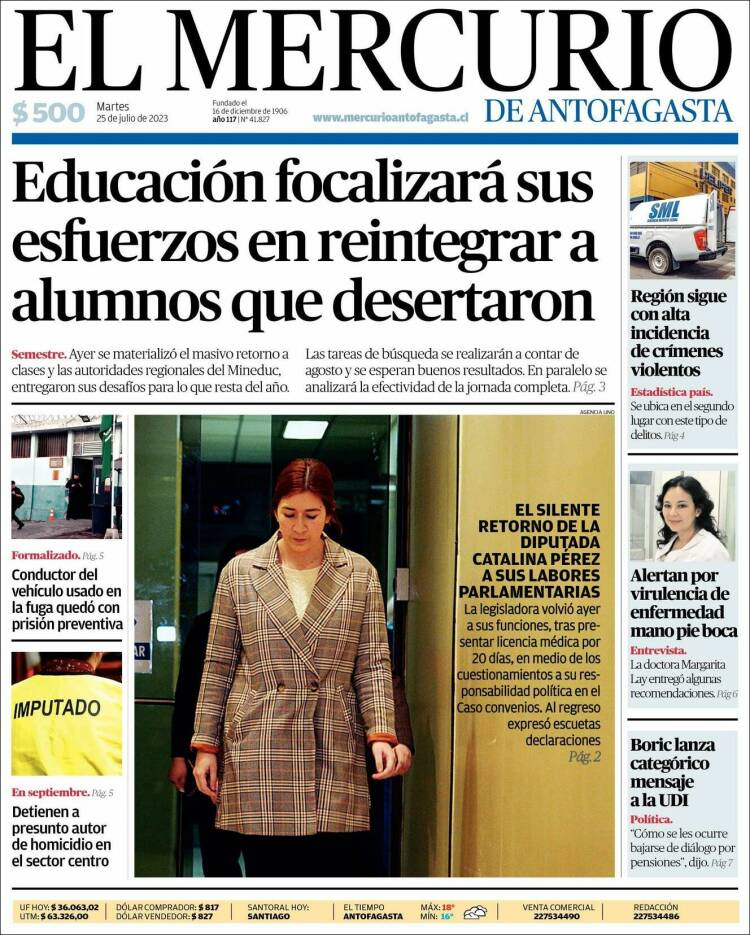 Portada de El Mercurio de Antofagasta (Chile)