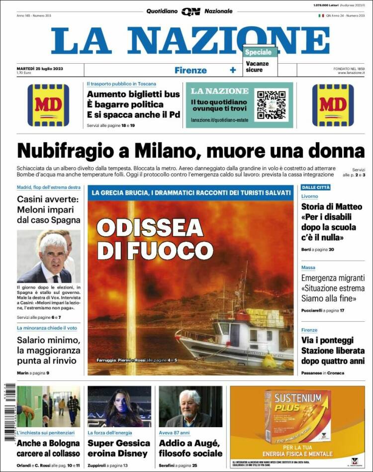 Portada de La Nazione (Italia)