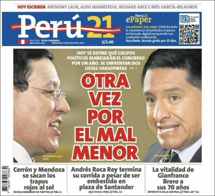 Portada de Perú 21 (Perú)