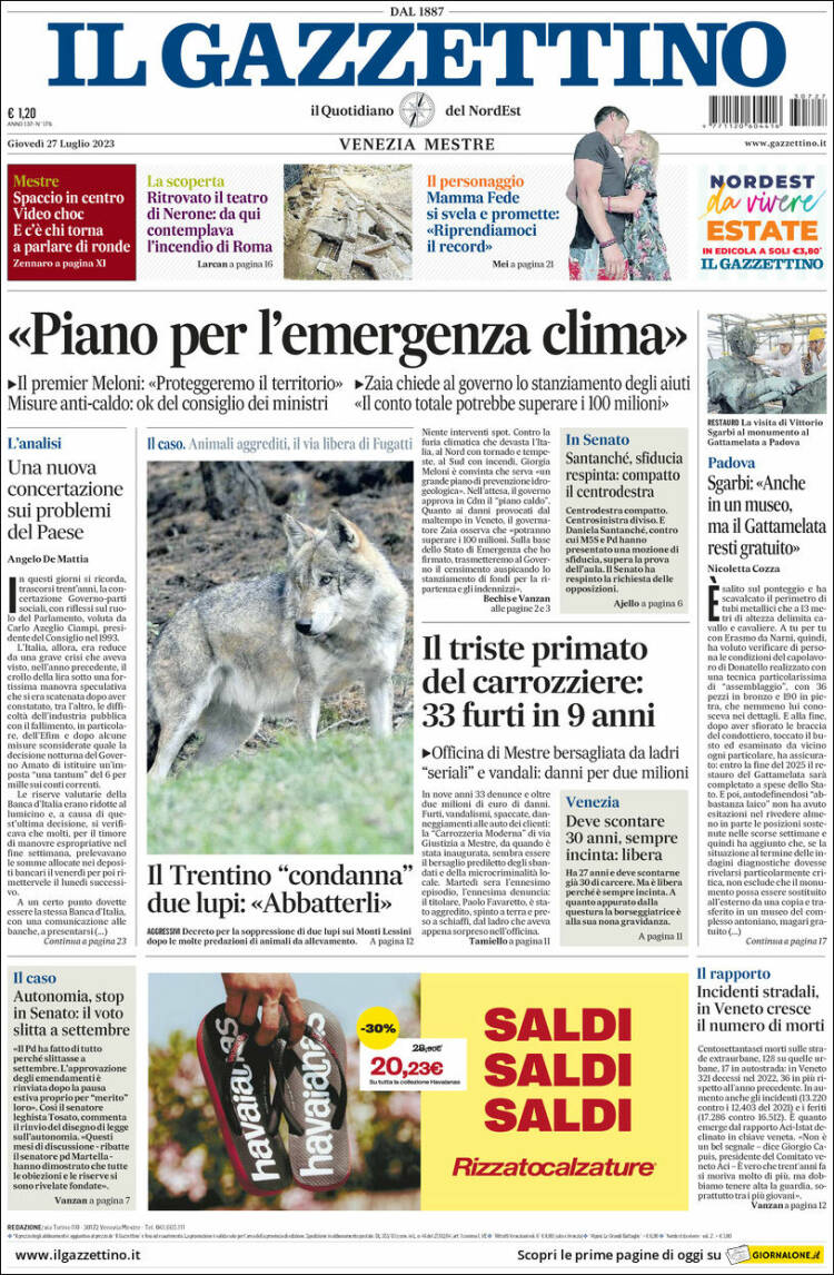 Portada de Il Gazzettino (Italia)