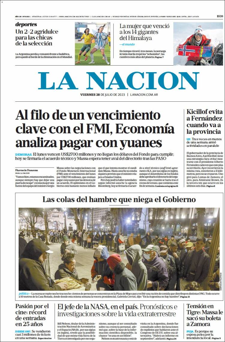 Portada de La Nación (Argentina)