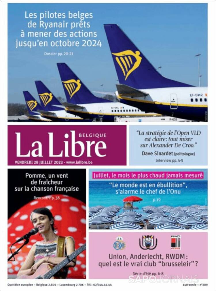 Portada de La Libre.be (B&eacute;lgica)