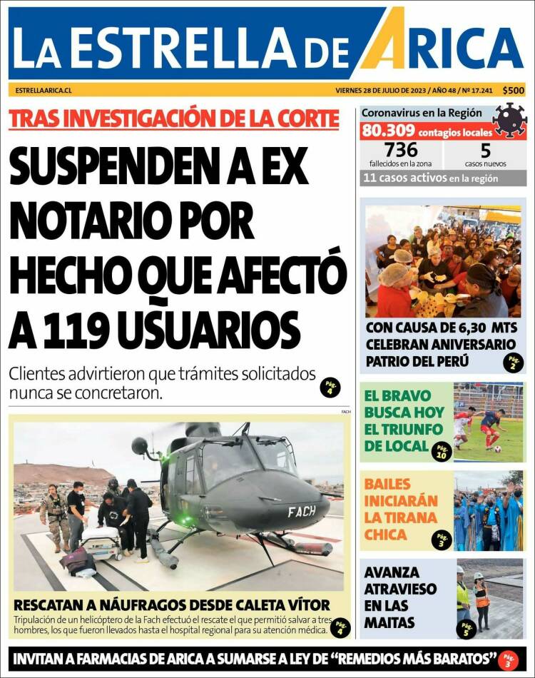 Portada de La Estrella de Arica (Chile)