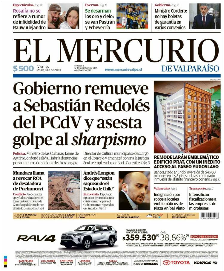 Portada de Mercurio de Valparaiso (Chile)