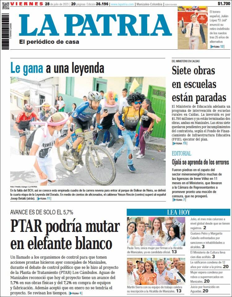 Portada de La Patria (Colombia)