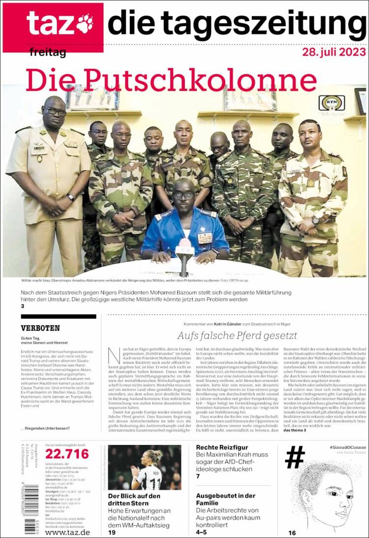 Portada de Die Tageszeitung (Alemania)