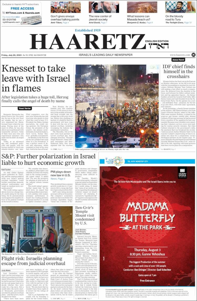 Portada de Haaretz (Israel)