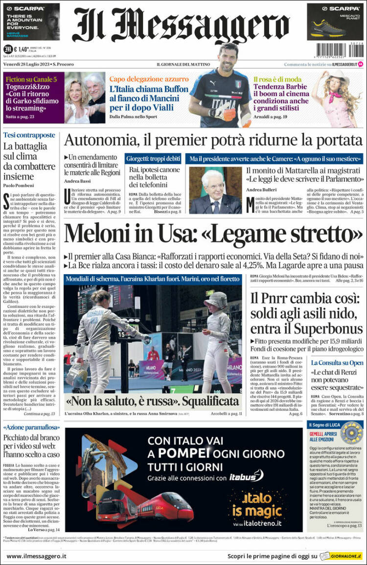 Portada de Il Messaggero (Italy)