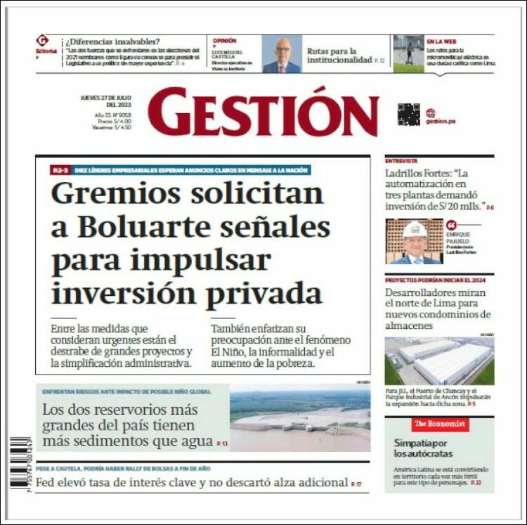 Portada de Diario Gestión (Perú)