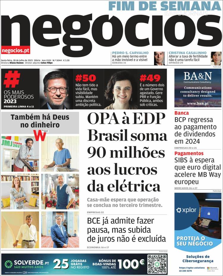 Portada de Jornal de Negócios (Portugal)