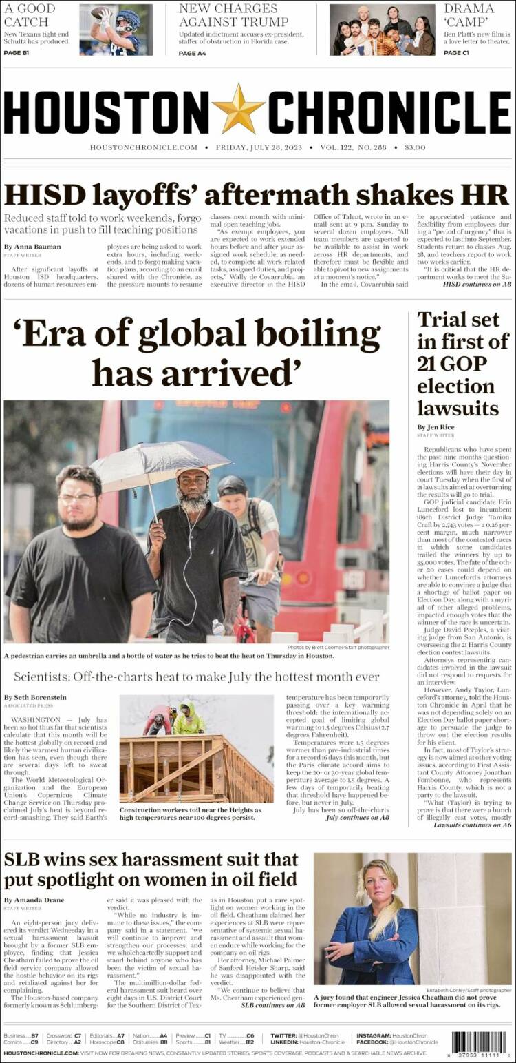 Portada de Houston Chronicle (USA)