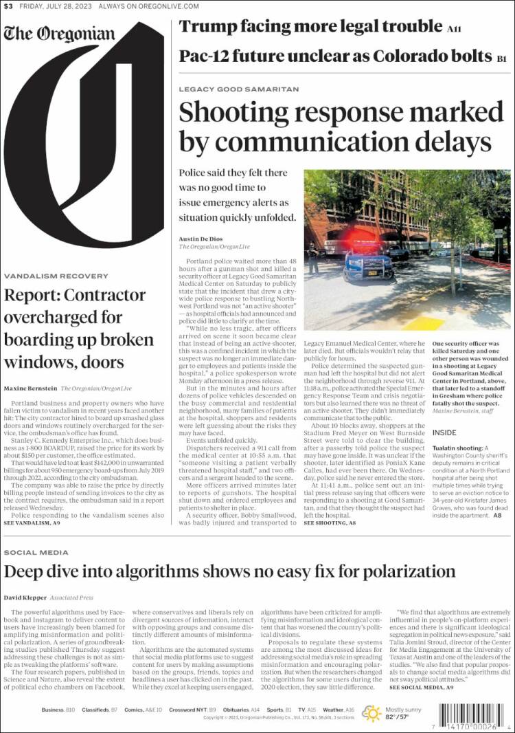 Portada de The Oregonian (USA)