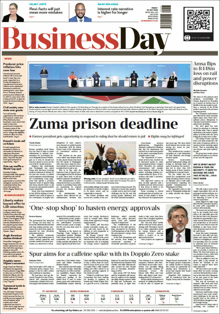 Portada de Business Day (Sud&aacute;frica)