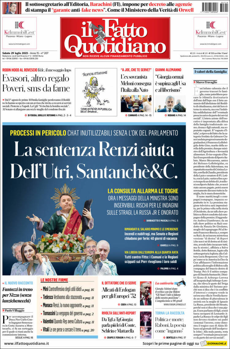 Portada de Il Fatto Quotidiano (Italia)