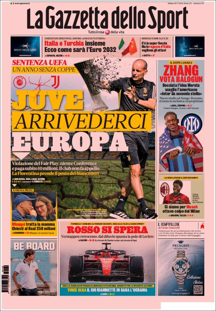 Portada de La Gazzetta dello Sport (Italia)