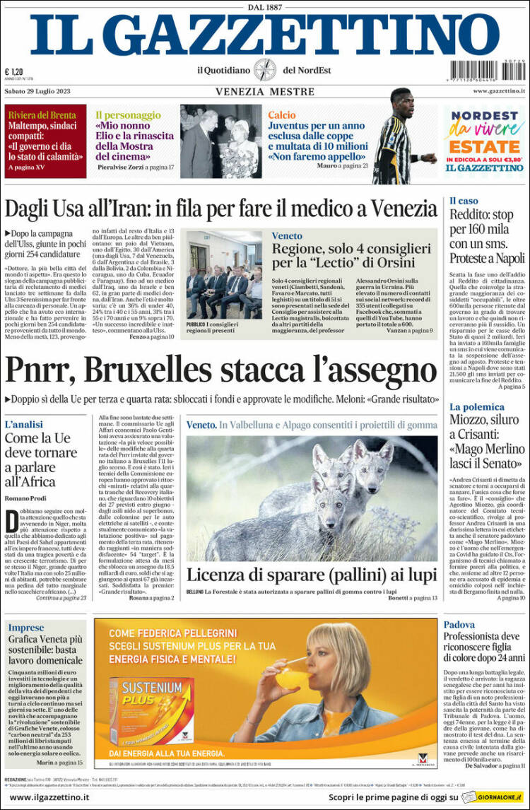 Portada de Il Gazzettino (Italia)